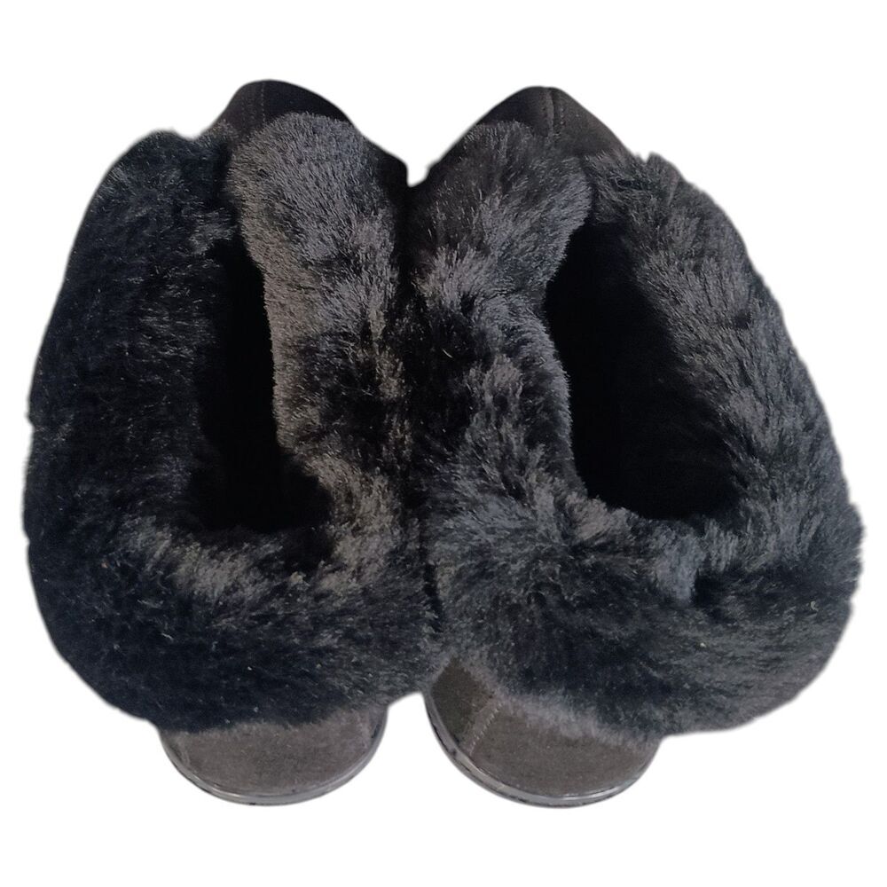 Minnetonka Suede Real Sheepskin Slipper Boots Womens 10 Black Fur Lining - Picture 10 of 14